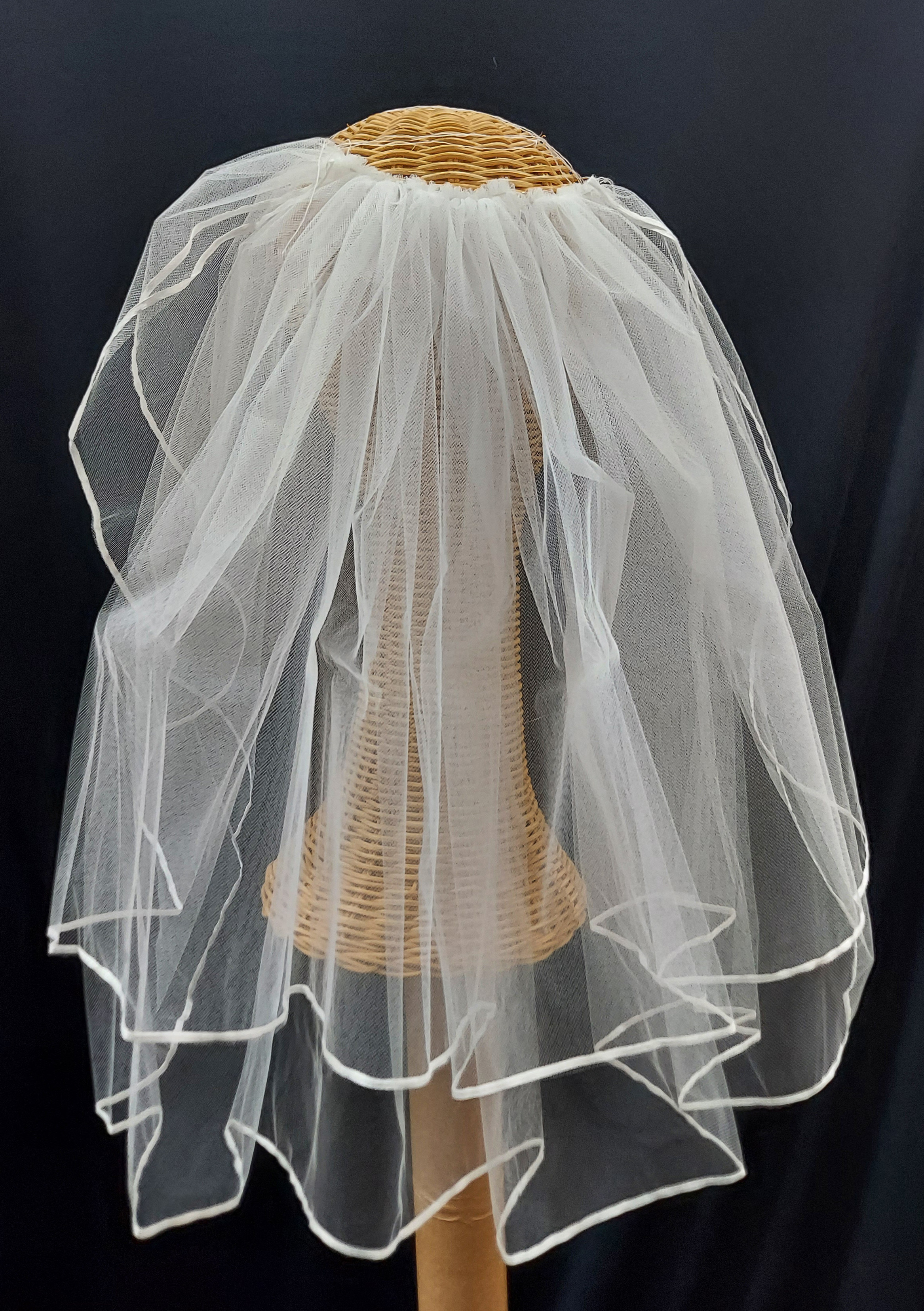 Tiered Bridal Veil 72" Wide Shoulder Length Veil with Ribbon Finished